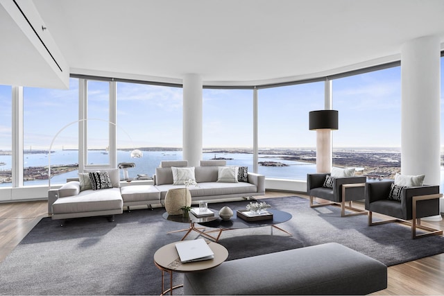 living area featuring wood finished floors and a water view