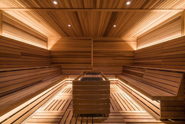 view of sauna featuring recessed lighting