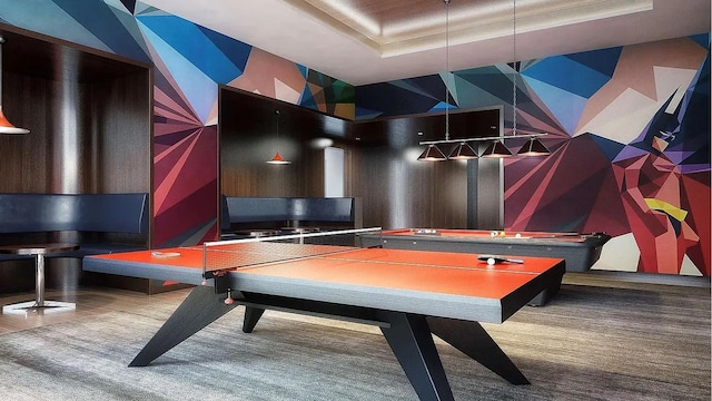 50 W St Unit Ph58B, New York City, NY 10006 - game room featuring wallpapered walls and a raised ceiling