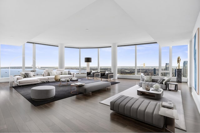 living area featuring floor to ceiling windows, wood finished floors, and a water view