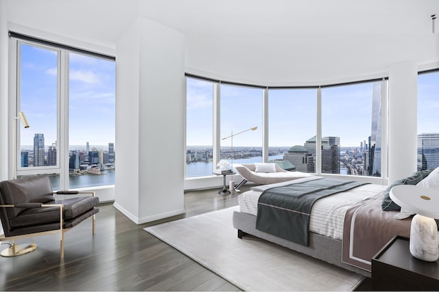 bedroom with a city view and wood finished floors