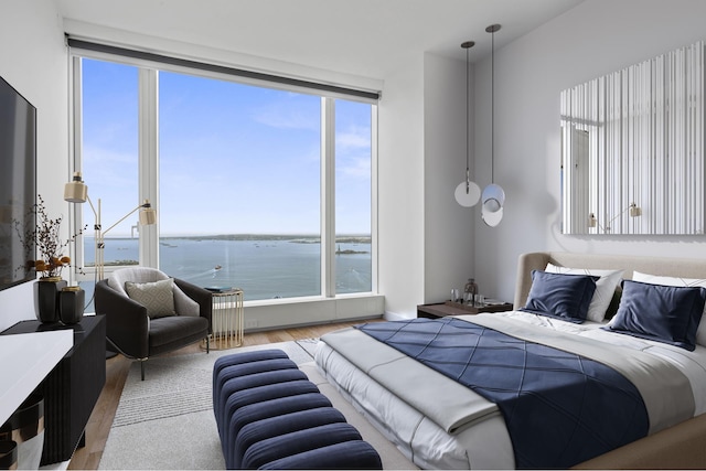 bedroom with wood finished floors and a water view