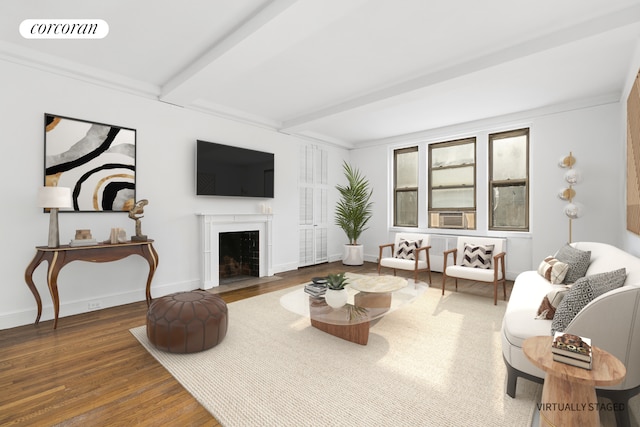 living area with visible vents, beamed ceiling, a fireplace with flush hearth, wood finished floors, and baseboards