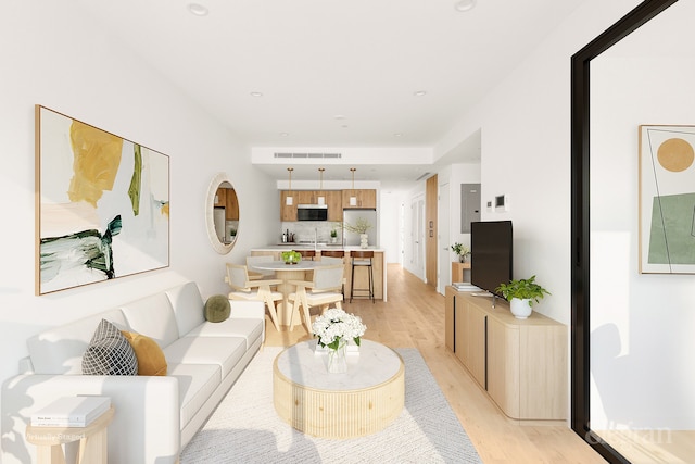 living area featuring light wood finished floors and visible vents