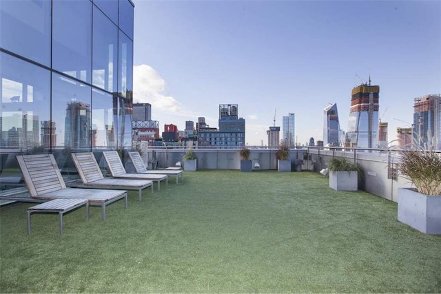 view of community with a view of city and a lawn