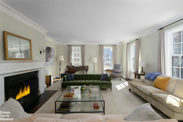 carpeted living area featuring a fireplace with flush hearth and ornamental molding