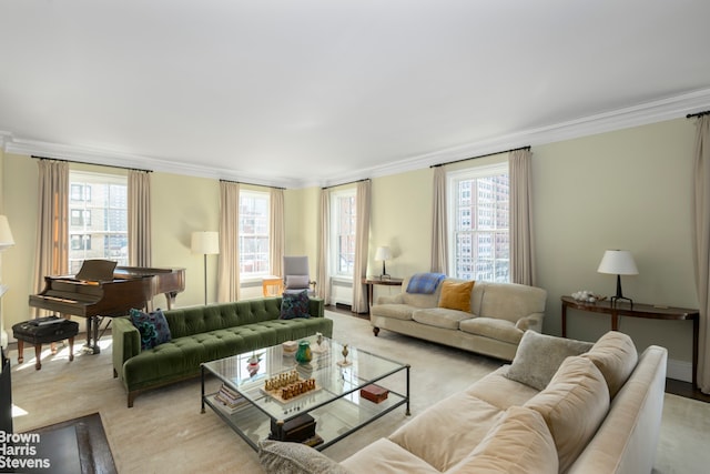 living room with ornamental molding