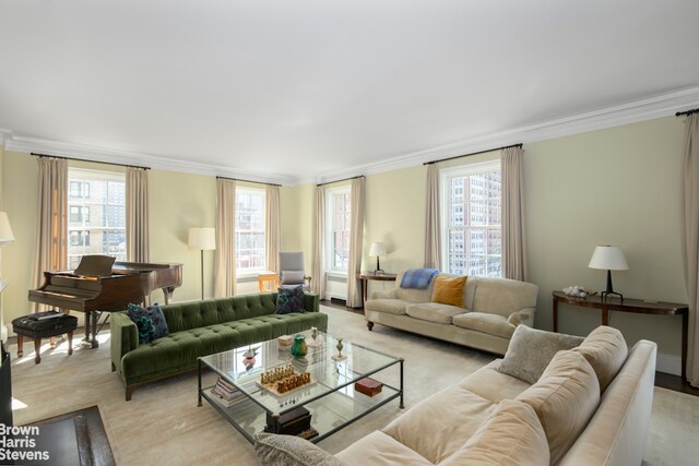 carpeted living room featuring a warm lit fireplace and crown molding