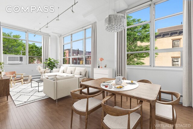 dining area with hardwood / wood-style floors, plenty of natural light, rail lighting, and cooling unit