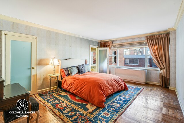 50 Sutton Pl S Unit 14G, New York City, NY 10022 - bedroom with wallpapered walls and ornamental molding