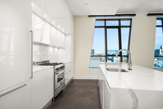 kitchen featuring a sink, decorative backsplash, high end stove, white cabinets, and modern cabinets