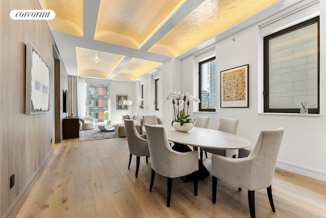 dining space with light wood-type flooring, baseboards, and a healthy amount of sunlight