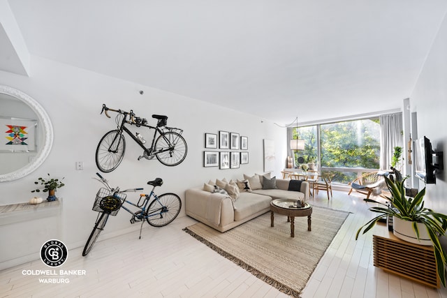 living area with floor to ceiling windows and wood finished floors