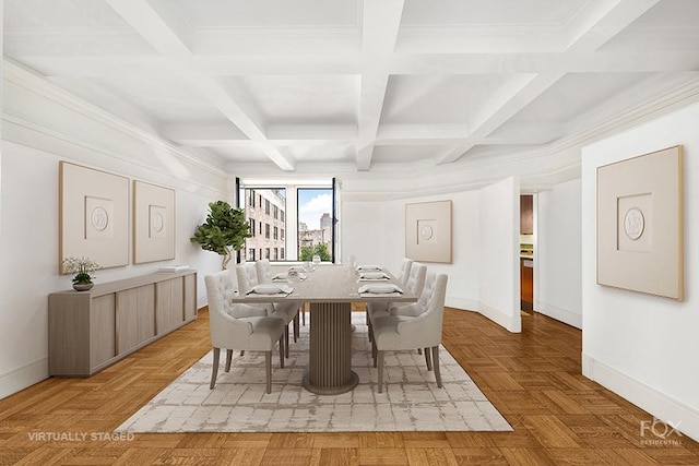 dining area with baseboards, coffered ceiling, and beamed ceiling