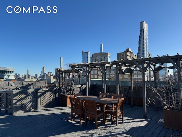 wooden terrace featuring a view of city