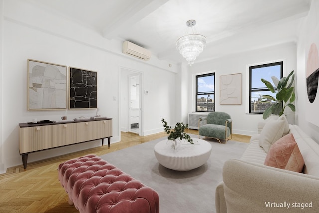 living area with radiator, baseboards, a wall unit AC, beam ceiling, and an inviting chandelier