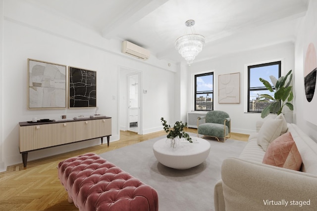 living room with a notable chandelier, beam ceiling, and a wall mounted air conditioner