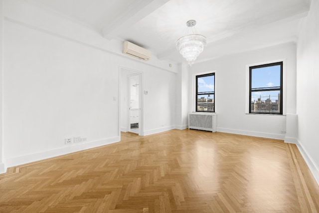 spare room with radiator, baseboards, beamed ceiling, a notable chandelier, and a wall mounted AC