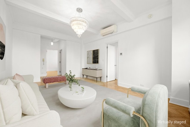 living room with an AC wall unit, a notable chandelier, baseboards, and beam ceiling