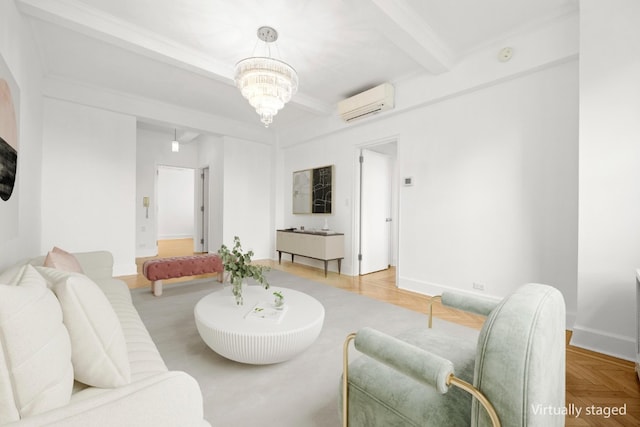 living room featuring baseboards, a wall mounted AC, beam ceiling, and a notable chandelier