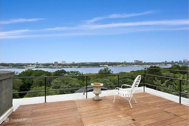 deck with a city view and a water view