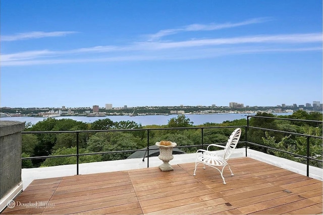 353 Riverside Dr Unit 4B, New York City, NY 10025 - wooden deck with a skyline view and a water view