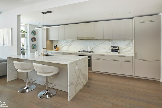 kitchen with wood finished floors, modern cabinets, and a sink