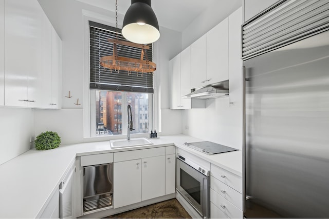 kitchen featuring under cabinet range hood, built in appliances, white cabinets, and a sink