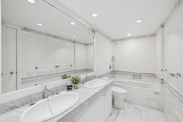 full bathroom with double vanity, visible vents, toilet, and a sink