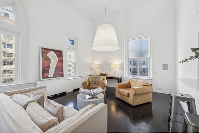 living room with a towering ceiling and wood-type flooring