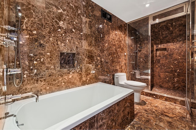 full bath with visible vents, a shower, tile walls, toilet, and a washtub