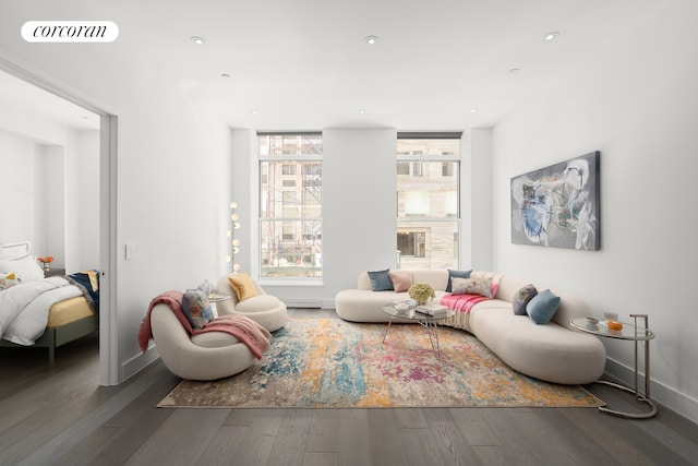 living area featuring wood finished floors, baseboards, and recessed lighting