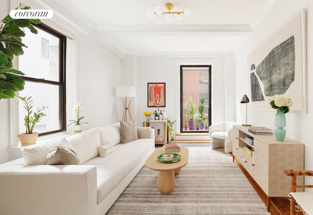 living room featuring crown molding and wood finished floors