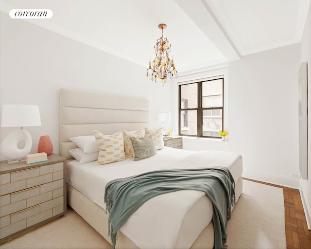 bedroom with a notable chandelier, visible vents, baseboards, and ornamental molding