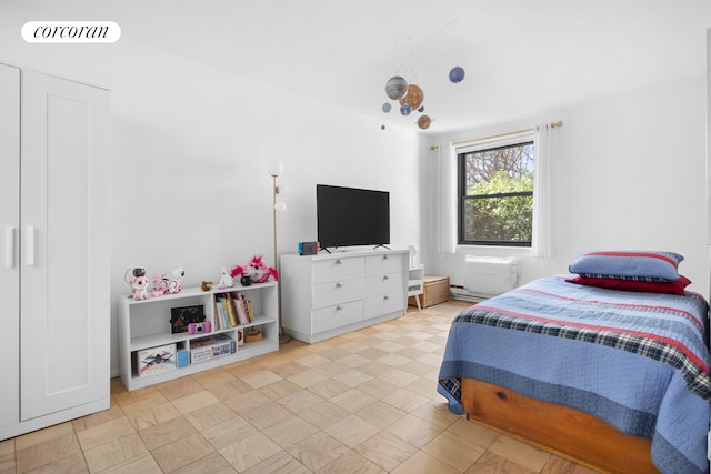 bedroom with tile patterned floors and visible vents