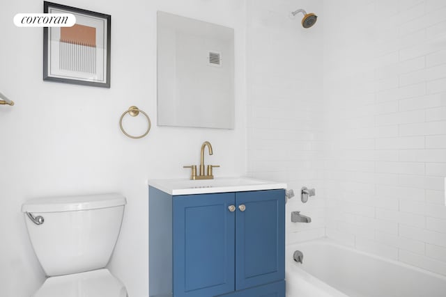 bathroom with visible vents, vanity, toilet, and bathing tub / shower combination