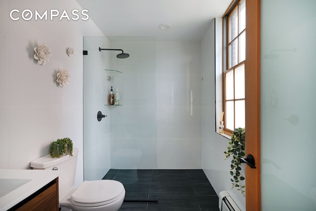 bathroom with a walk in shower, baseboard heating, toilet, and a wealth of natural light