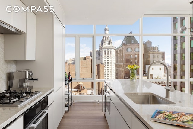 kitchen with wood finished floors, a sink, stainless steel appliances, white cabinetry, and a view of city