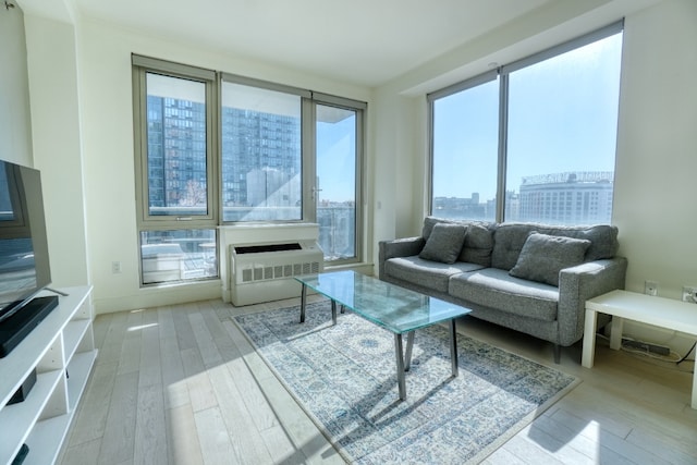 living area with a view of city and light wood-style floors