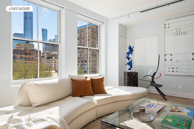 living room with a city view, wood finished floors, and baseboards