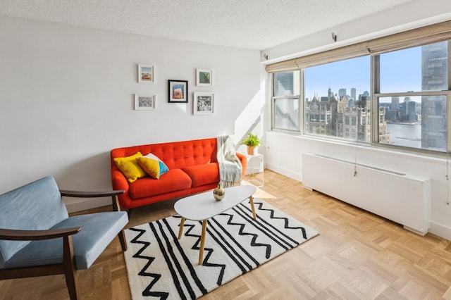 living room featuring a textured ceiling, baseboards, and a city view
