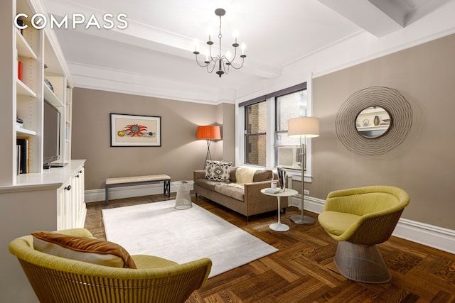 sitting room featuring beam ceiling, a notable chandelier, cooling unit, and baseboards