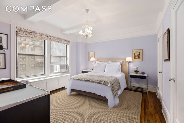 bedroom with cooling unit, wood finished floors, baseboards, beamed ceiling, and a chandelier