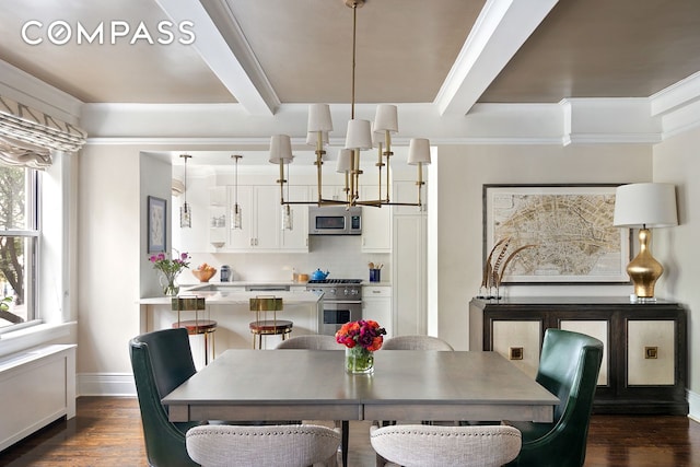 dining space with beam ceiling, a chandelier, and dark wood-style flooring