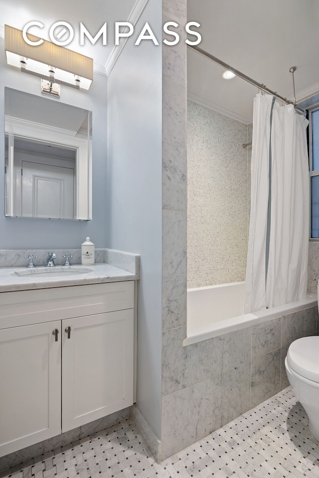 full bath with tiled shower / bath, vanity, crown molding, and toilet