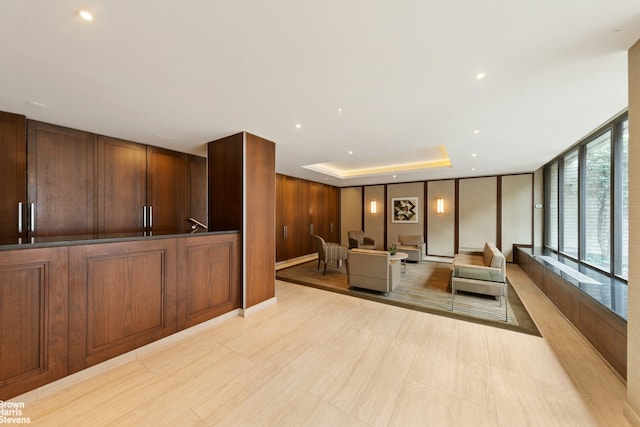 living room with recessed lighting and a raised ceiling