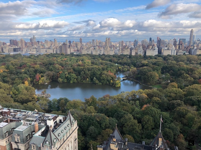 aerial view with a city view, a forest view, and a water view