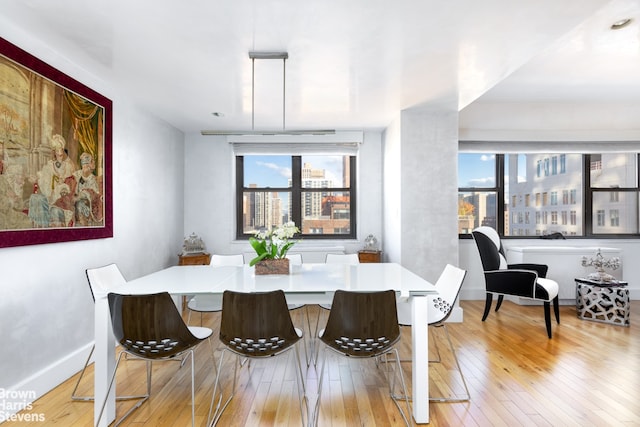 dining area with a wealth of natural light, baseboards, and hardwood / wood-style flooring