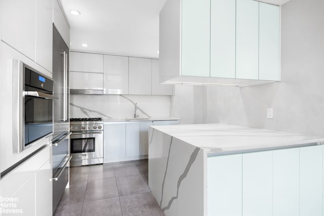 kitchen with white cabinetry, appliances with stainless steel finishes, modern cabinets, and a peninsula