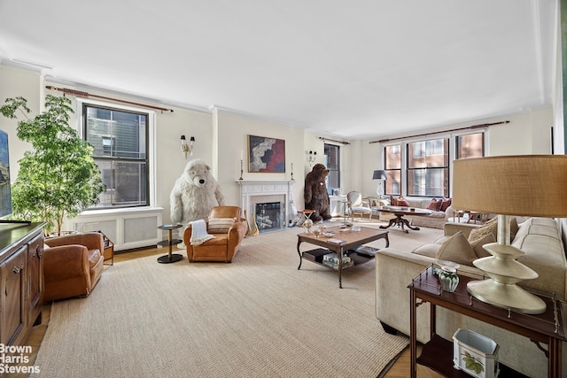 carpeted living area with a glass covered fireplace